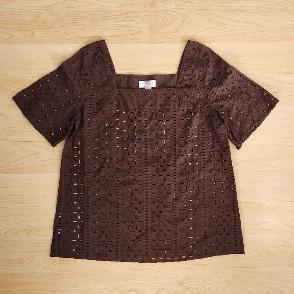 Ann Taylor LOFT Brown Cutout Ruffle Square Neck Top